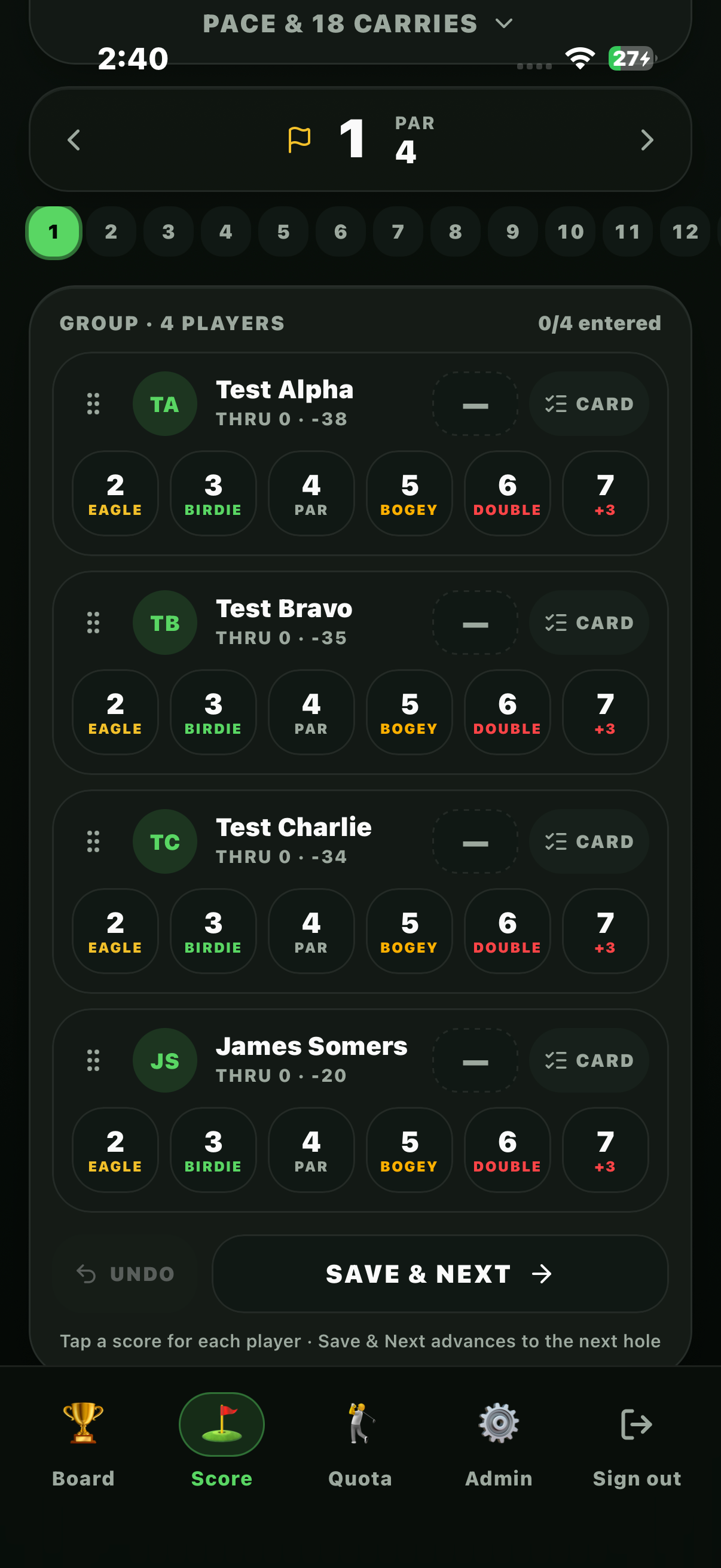 Full scorecard view on The Board Golf